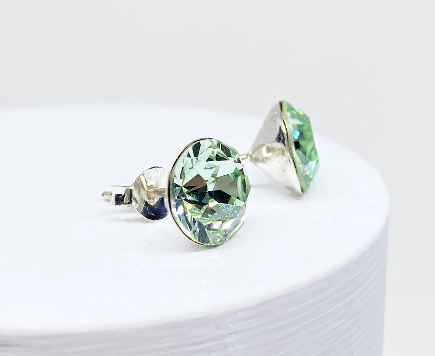 Swarovski Crystal 8mm Crystal Stud Earrings in Erinite Green, set in Sterling Silver