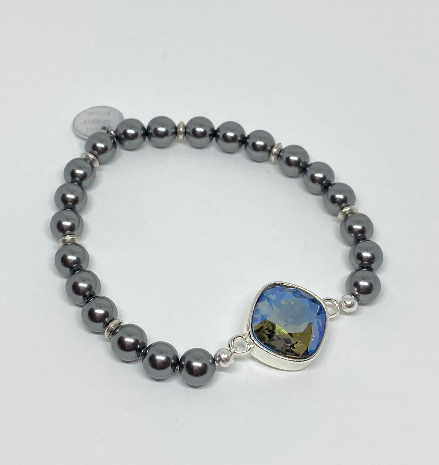 Swarovski Crystal 12mm Cushion Crystal in Black Diamond Moonlight with Dark Gray Swarovski Pearls