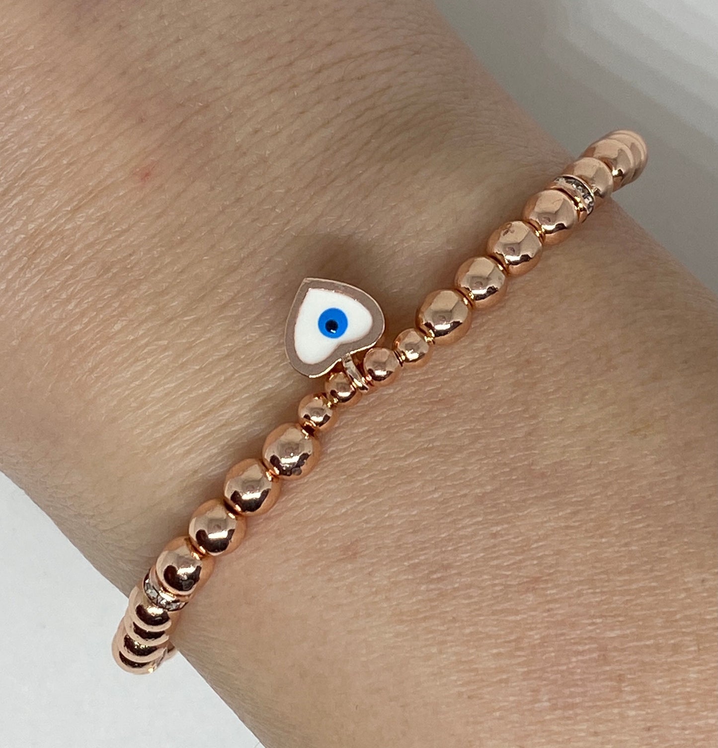 Rose Gold Bracelet with Evil Eye Heart Shaped Charm