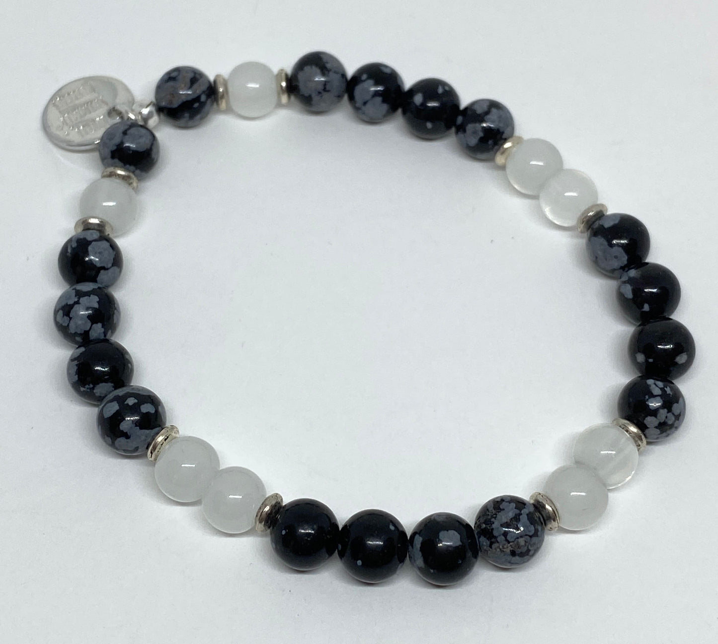 Snowflake Obsidian and Frosty Clear Glass Beads Beaded Stretch Accent Bracelet