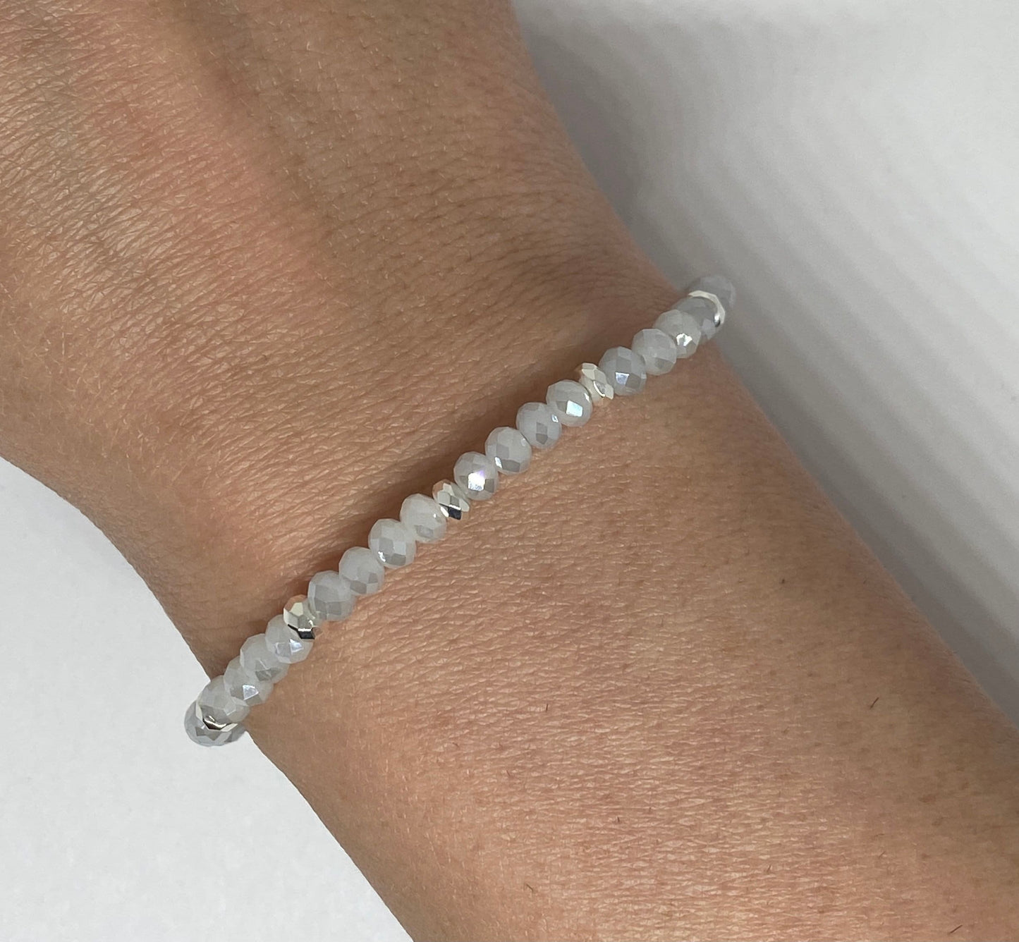 Dainty Gray Faceted Crystal Accent Bracelet with Silver Spacers