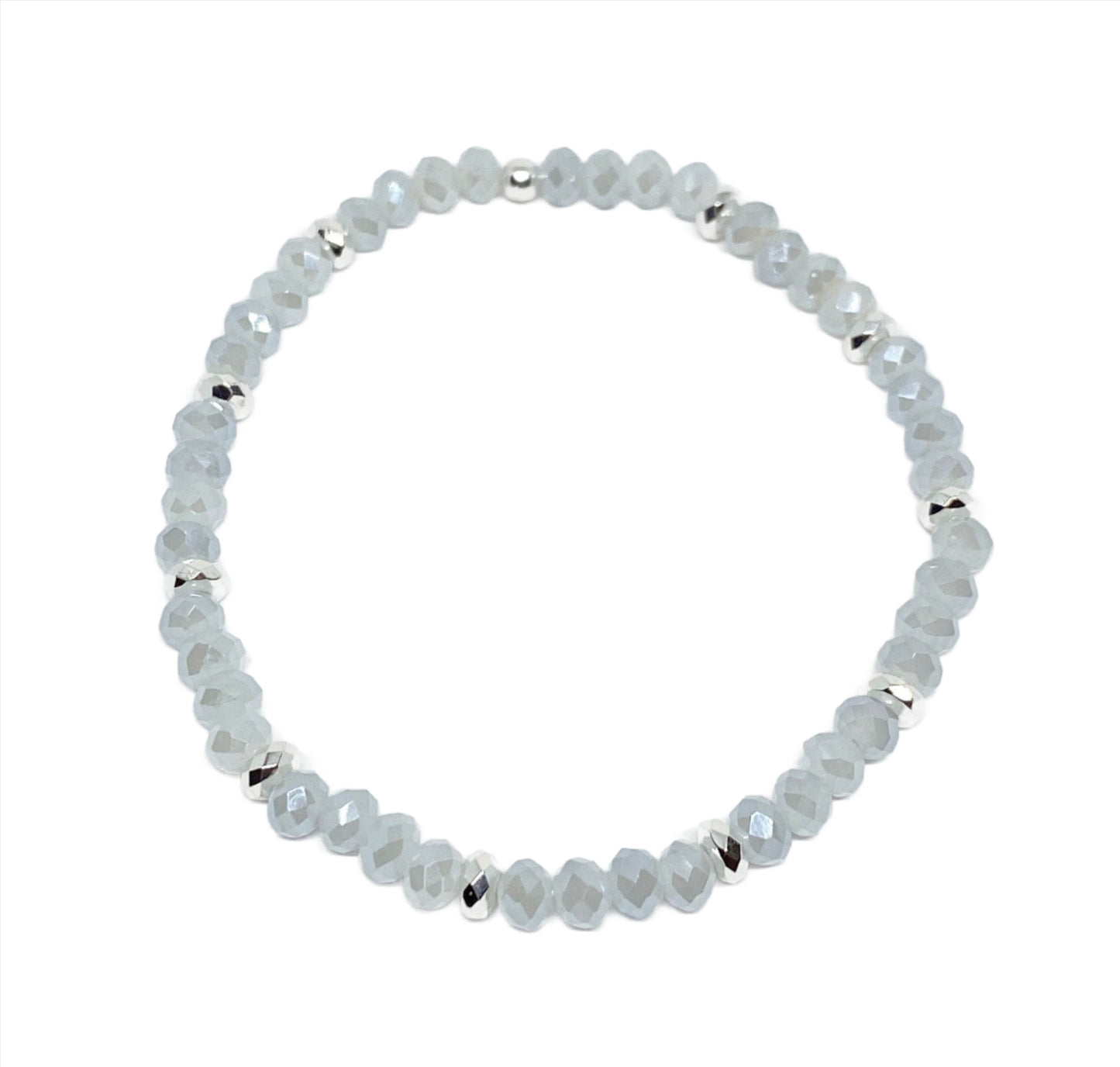 Dainty Gray Faceted Crystal Accent Bracelet with Silver Spacers