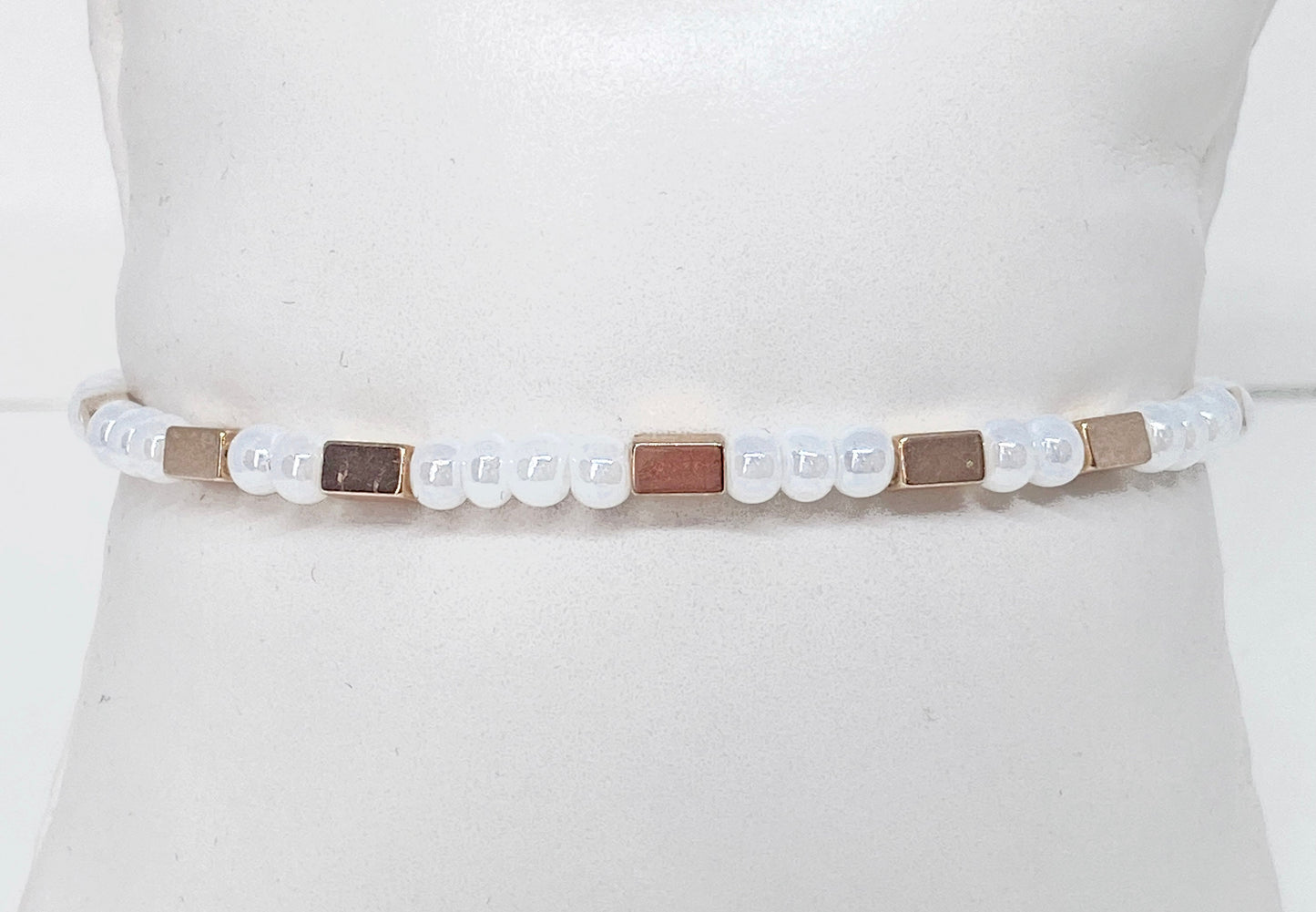 Dainty Glass White Lustre Pearl-look Beads with Hematite Rose Gold Square Beads