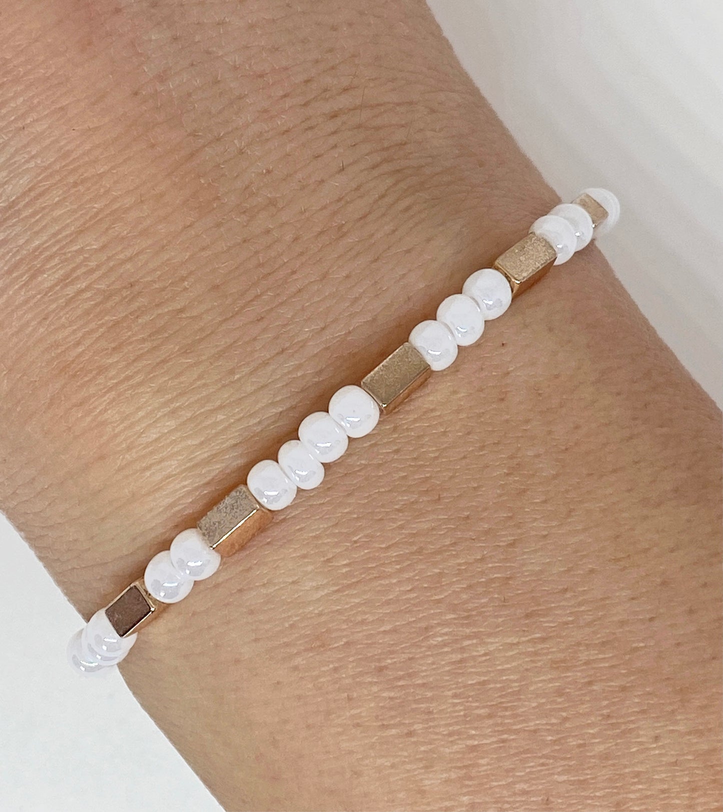 Dainty Glass White Lustre Pearl-look Beads with Hematite Rose Gold Square Beads