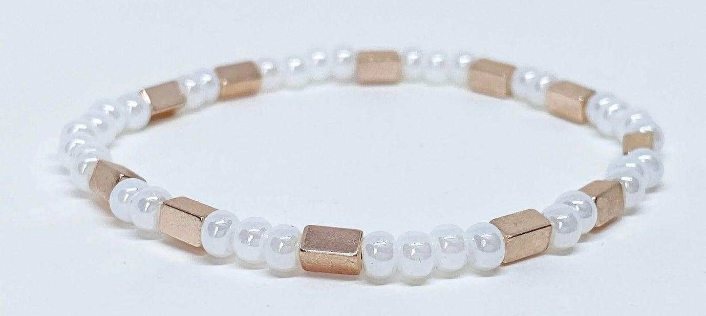 Dainty Glass White Lustre Pearl-look Beads with Hematite Rose Gold Square Beads