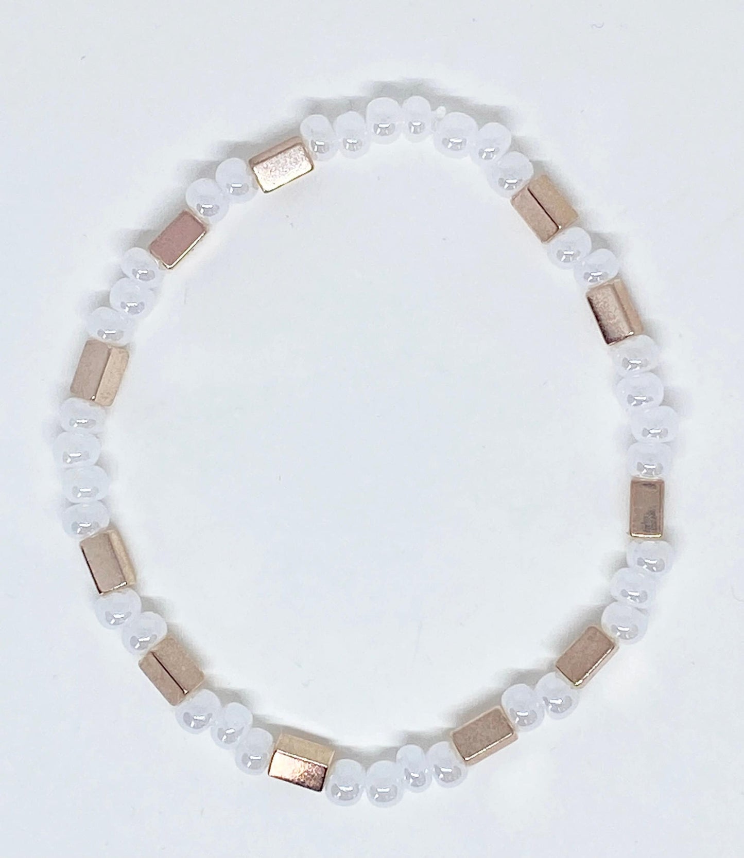 Dainty Glass White Lustre Pearl-look Beads with Hematite Rose Gold Square Beads