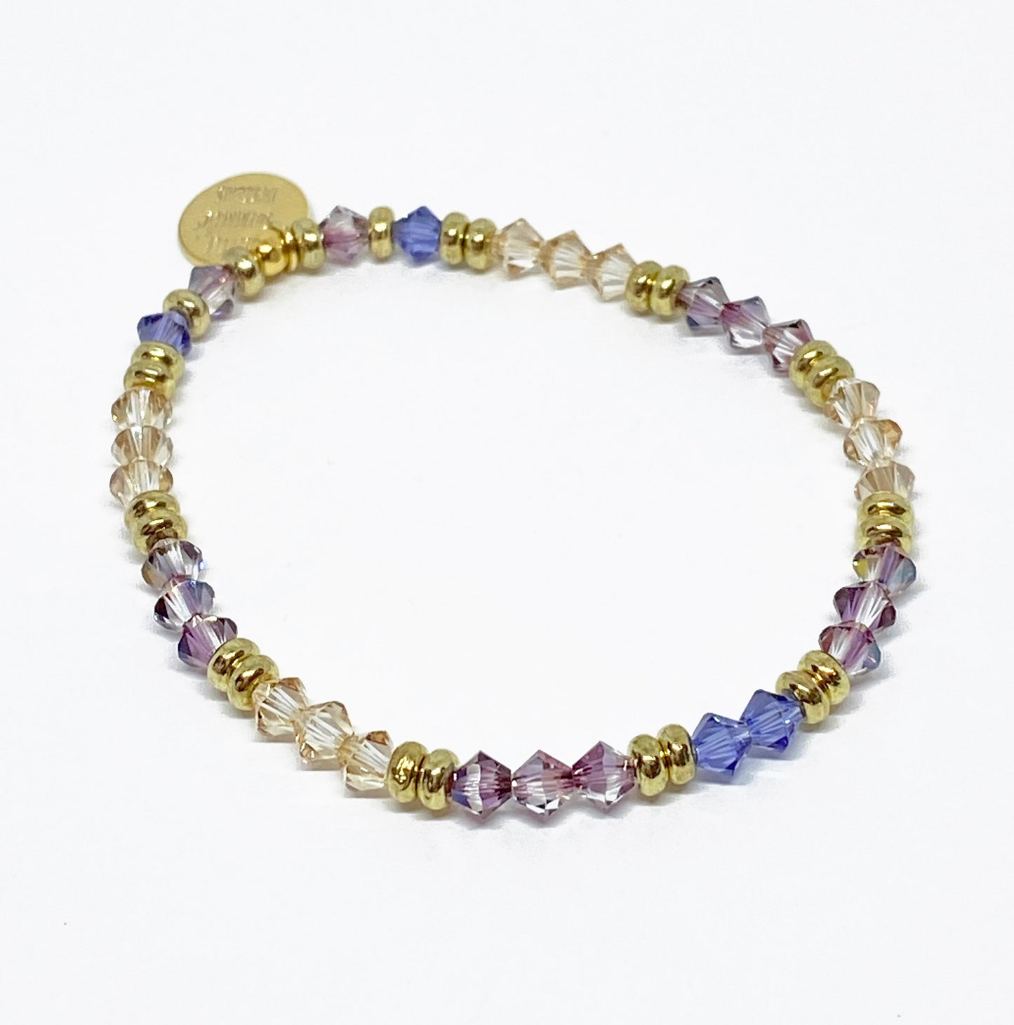 Swarovski Crystal Bicone Stretch Beaded Accent Bracelet in Golden Lilac - with Lilac, Tanzanite, and Golden Shadow Swarovski Crystals