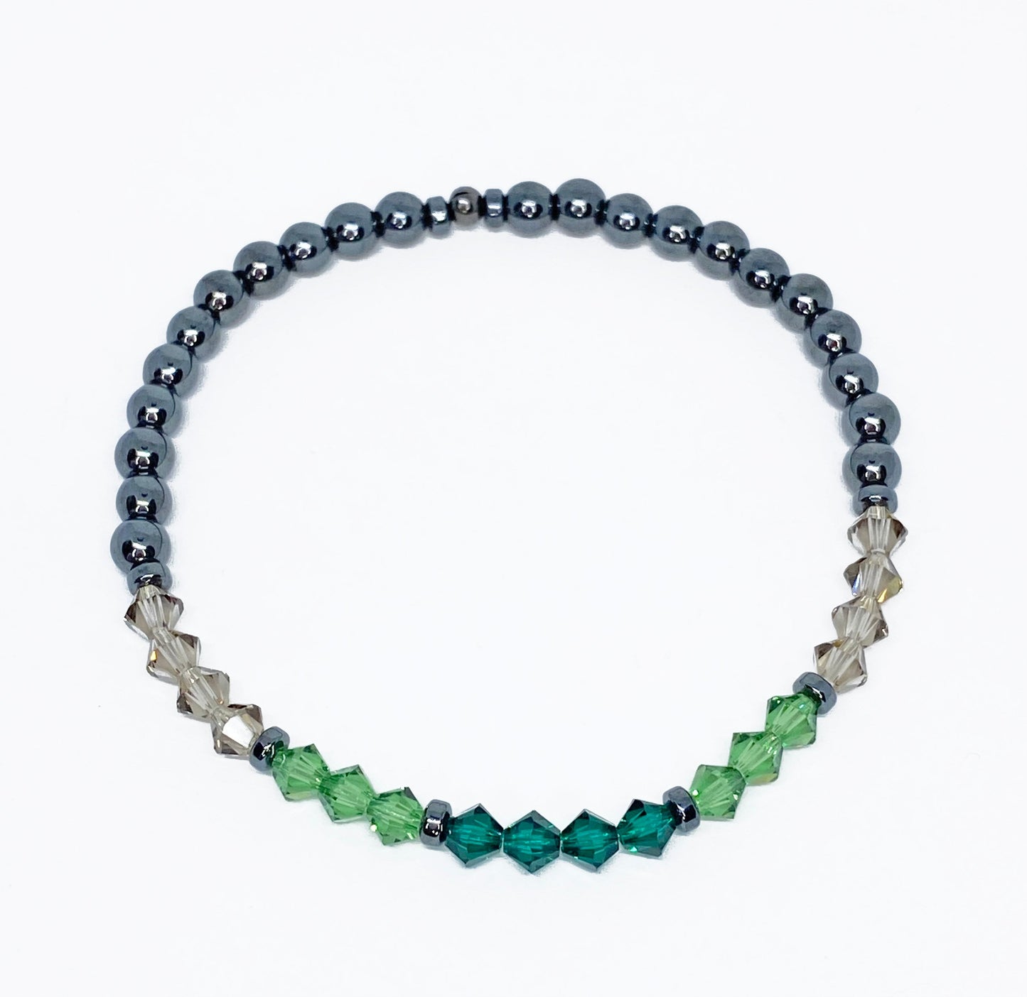 Swarovski Crystal Bicone and Hematite Beaded Stretch Bracelet in Emerald Envy - Emerald, Erinite, and Greige Swarovski Crystals