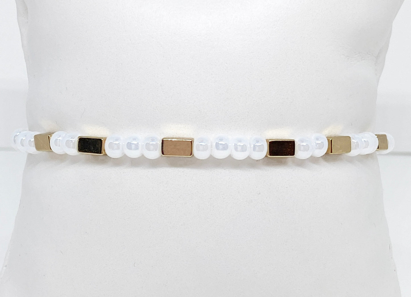 Dainty White Lustre Pearl-look Glass and Hematite Gold Beaded Bracelet