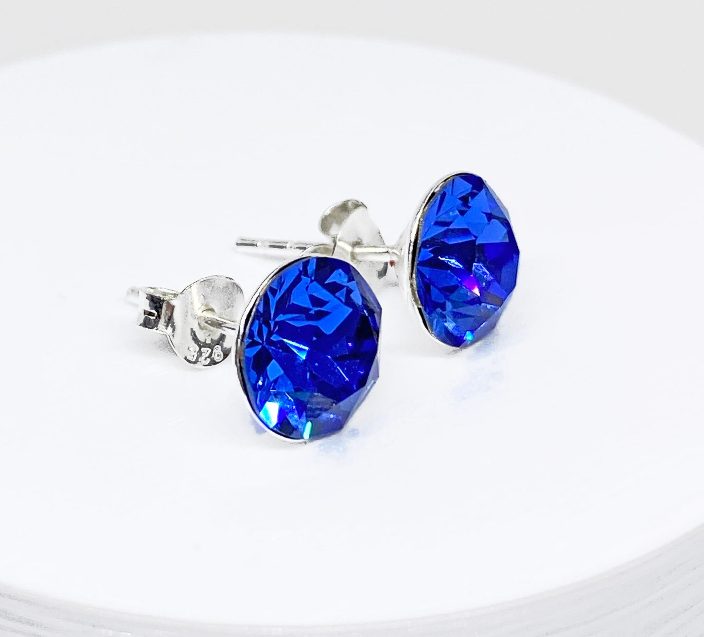 8mm Swarovski Crystal Stud Earrings in Sapphire, set in Sterling Silver