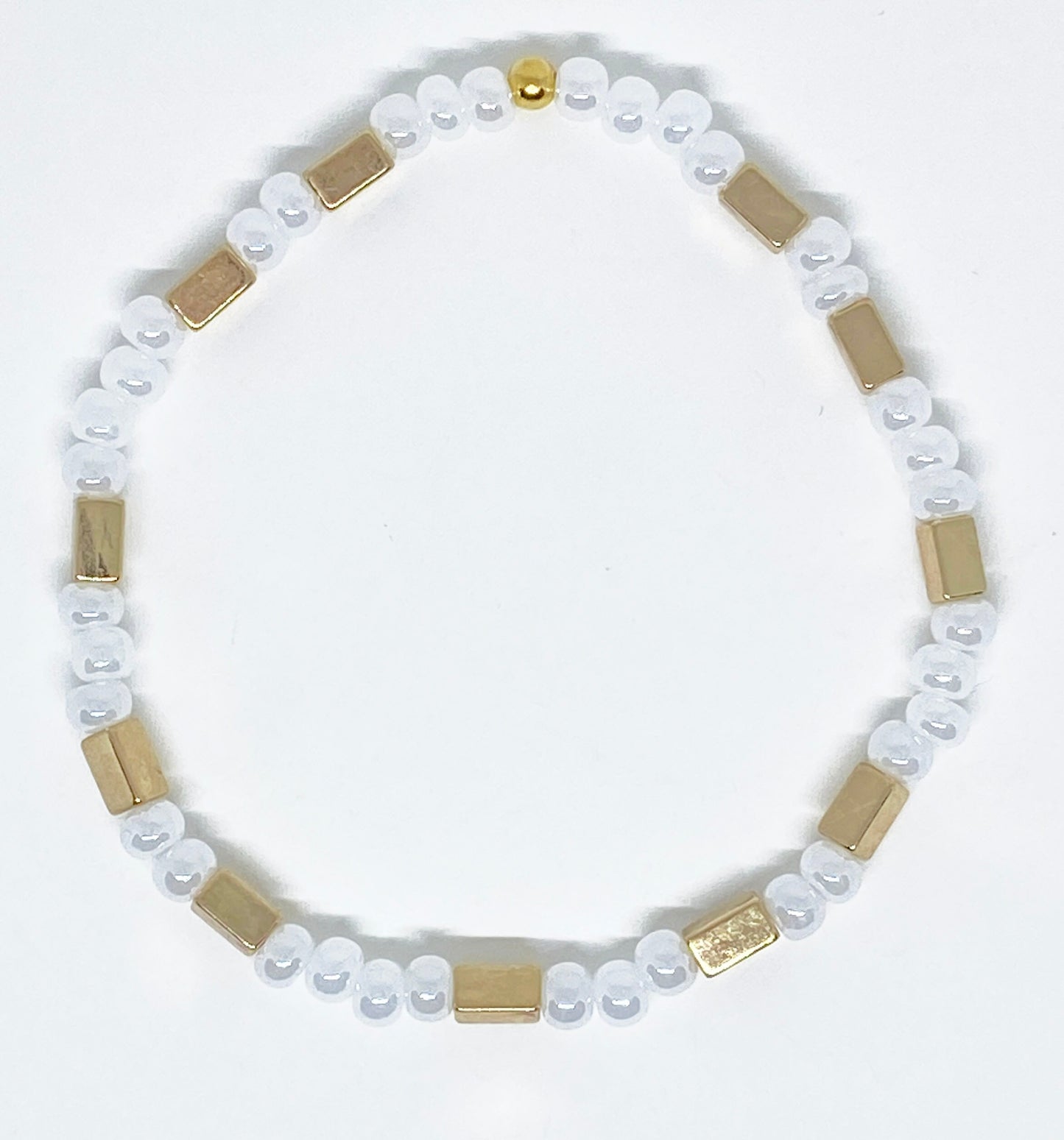Dainty White Lustre Pearl-look Glass and Hematite Gold Beaded Bracelet