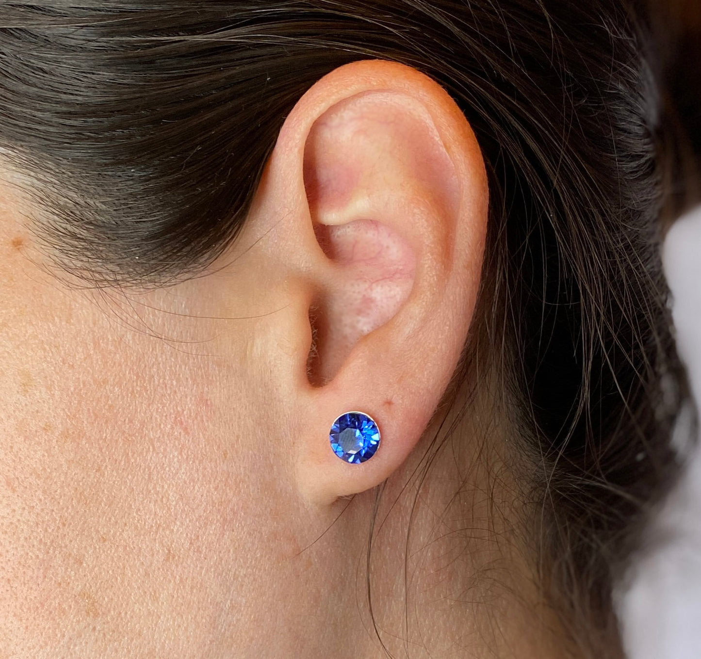 8mm Swarovski Crystal Stud Earrings in Sapphire, set in Sterling Silver