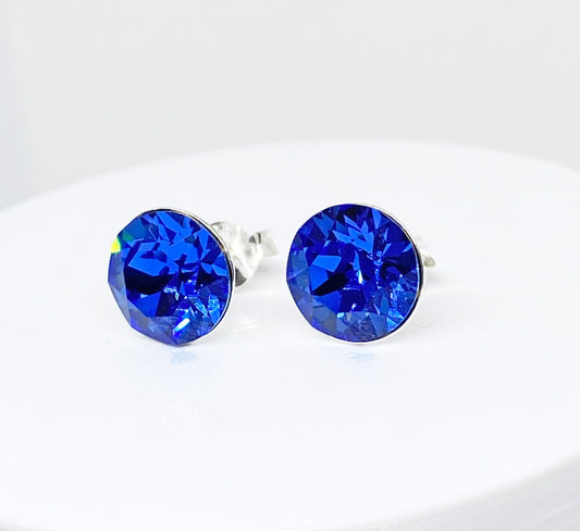 8mm Swarovski Crystal Stud Earrings in Sapphire, set in Sterling Silver