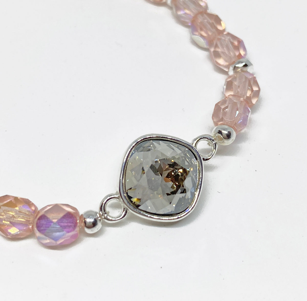 Swarovski 10mm Cushion Crystal Bracelet Silver Shade with Light Rose Glass Beads