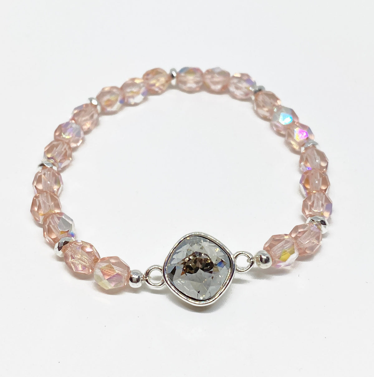Swarovski 10mm Cushion Crystal Bracelet Silver Shade with Light Rose Glass Beads