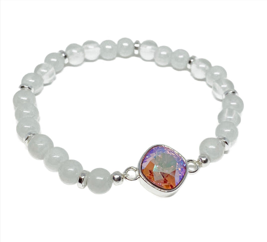 Swarovski 10mm Cushion Crystal Bracelet Light Rose Shimmer with Frosted Glass Beads