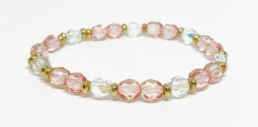 6mm Glass Faceted Crystal Bracelet Light Rose and Crystal Aurora Borealis with Gold Accents