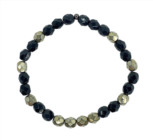 6mm Faceted Crystal Bracelet in Black and Antiqued Gold