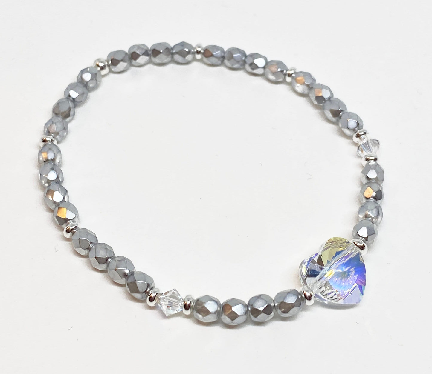 Swarovski Crystal Heart Bead Bracelet in Aurora Borealis and Metallic Silver