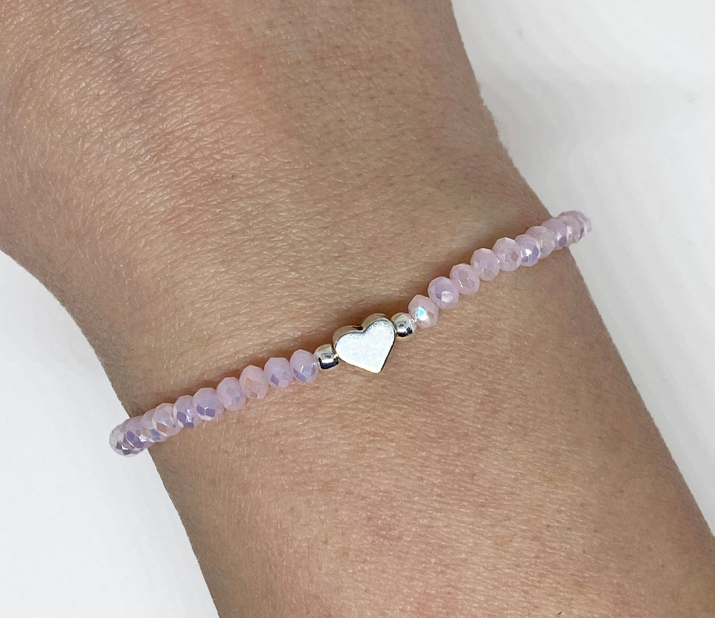 Light Pink Glass Faceted Crystal Beaded Bracelet with Tiny Silver Heart