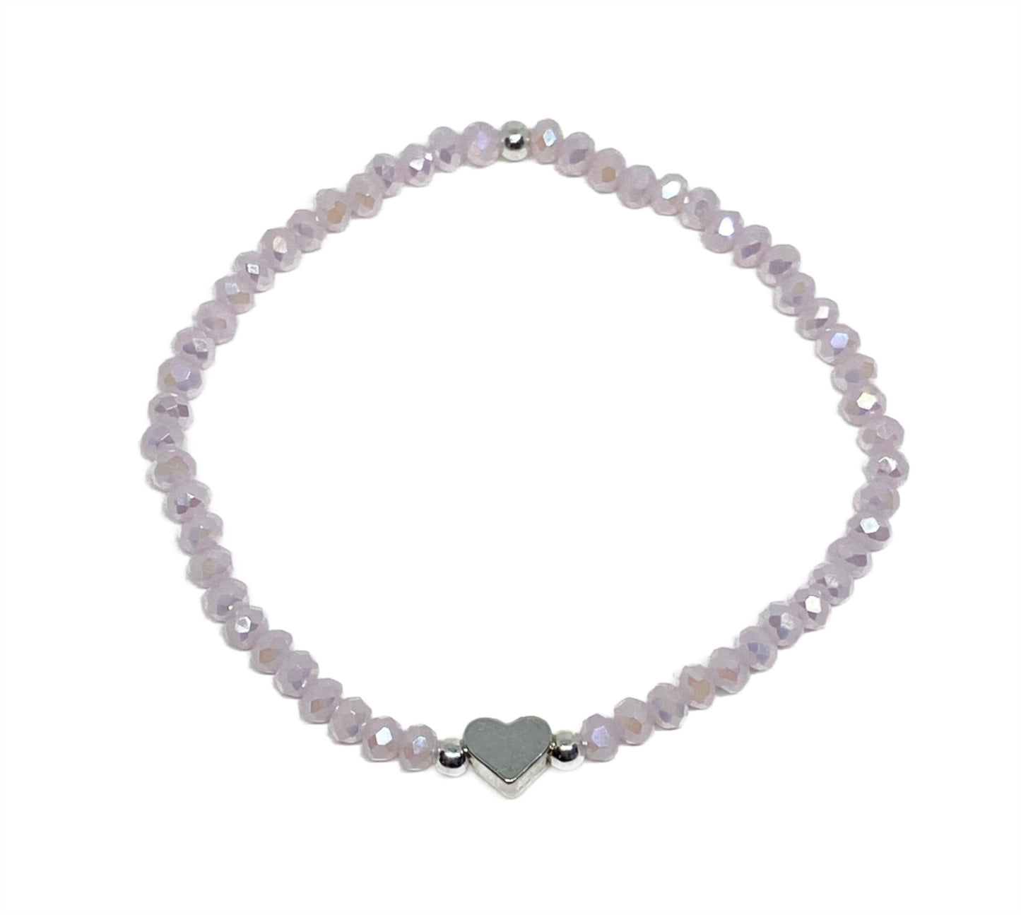 Light Pink Glass Faceted Crystal Beaded Bracelet with Tiny Silver Heart