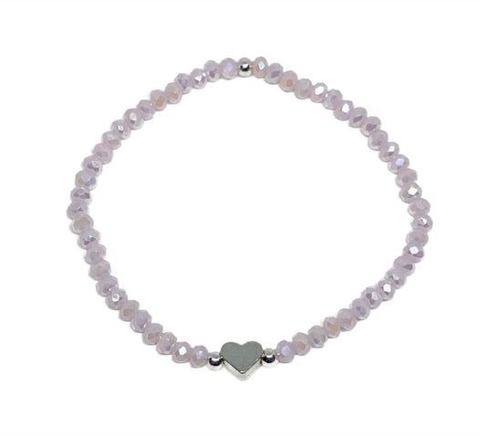 Light Pink Glass Faceted Crystal Beaded Bracelet with Tiny Silver Heart