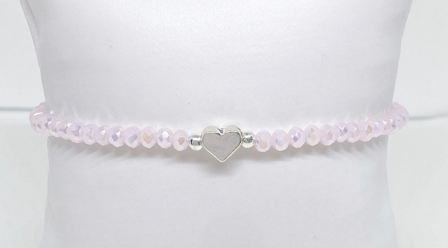 Light Pink Glass Faceted Crystal Beaded Bracelet with Tiny Silver Heart