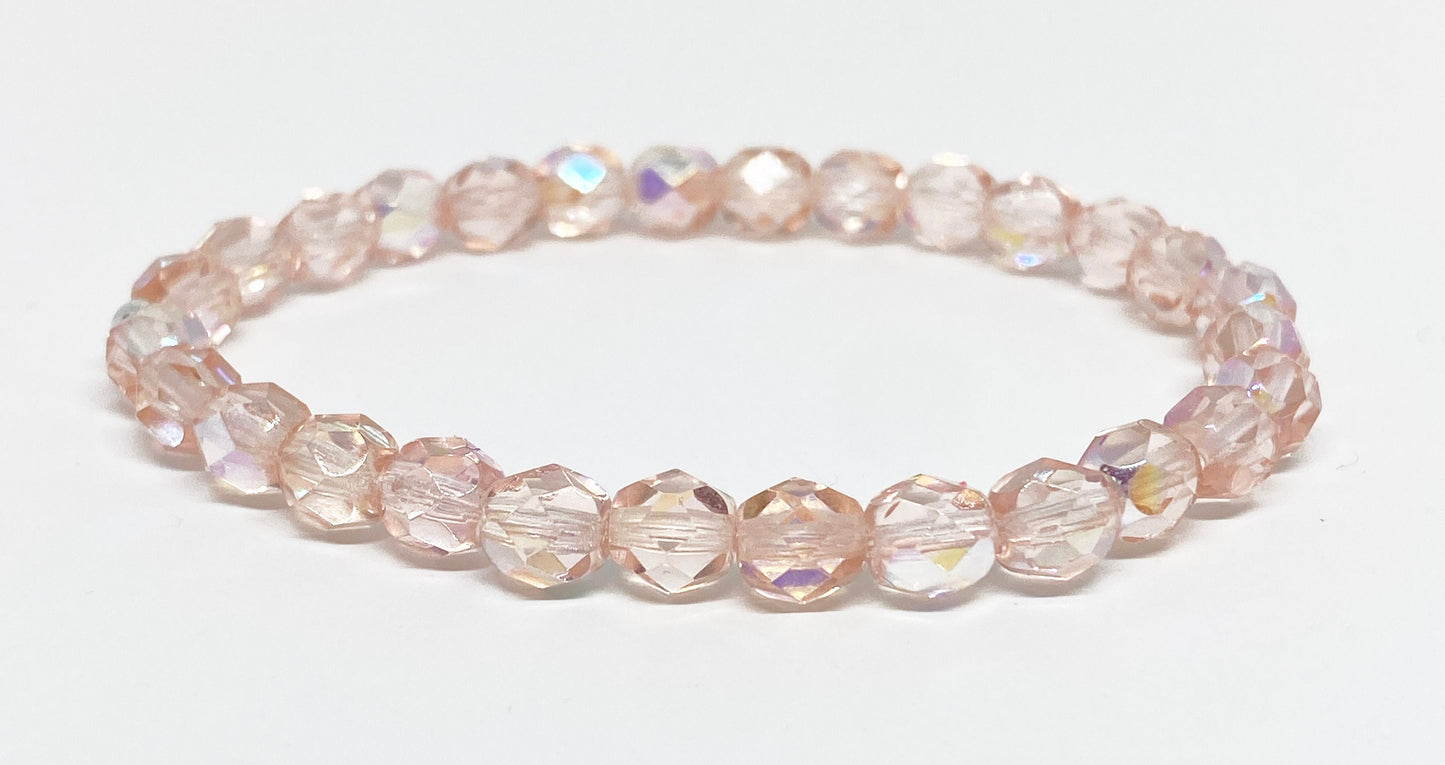 6mm Faceted Glass Crystal Bracelet in Light Rose Aurora Borealis