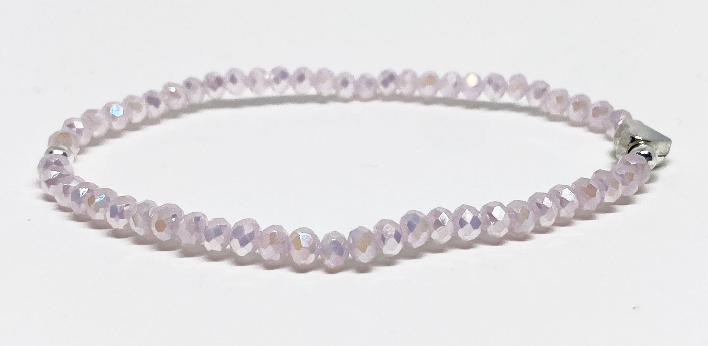 Light Pink Glass Faceted Crystal Beaded Bracelet with Tiny Silver Heart