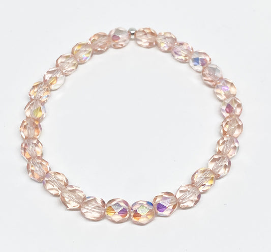 6mm Faceted Glass Crystal Bracelet in Light Rose Aurora Borealis