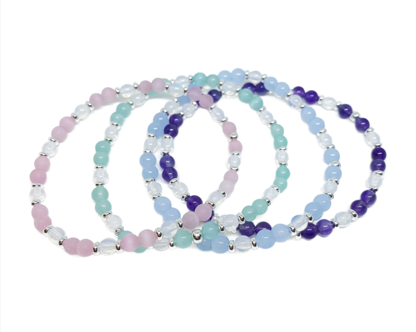 4mm Round Glass Beaded Bracelet in Lt Sapphire, Aqua, Pink, or Amethyst