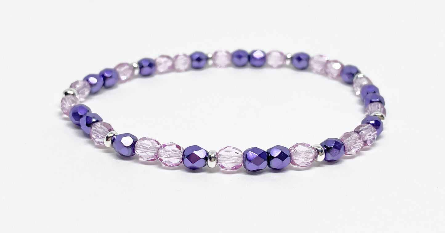 Czech Fire Polished Glass Bead Bracelet in Pink, Aqua, Purple, Blue, and Gray