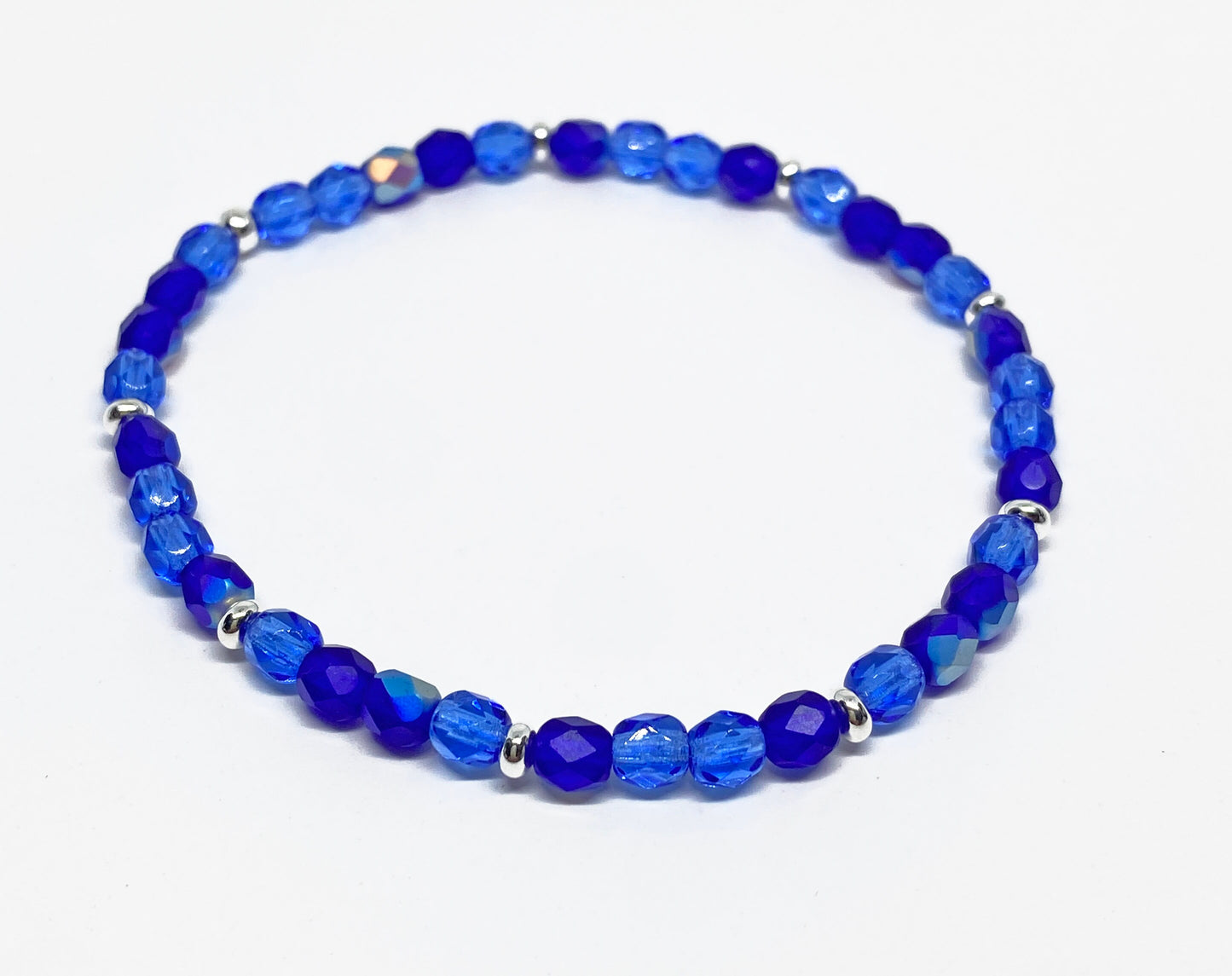 Czech Fire Polished Glass Bead Bracelet in Pink, Aqua, Purple, Blue, and Gray