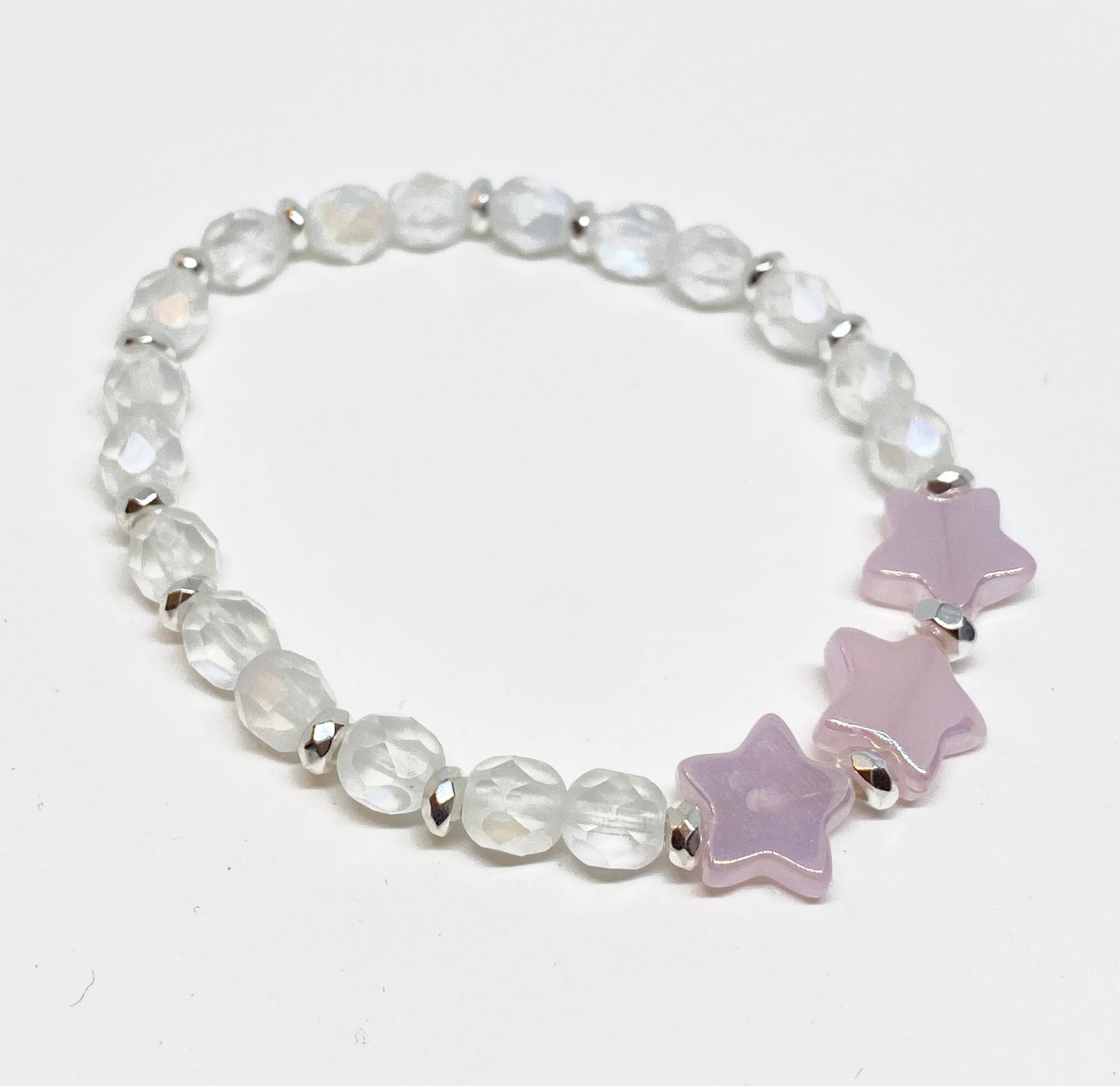 6mm Crystal Bead Bracelet in White Opal AB with Light Pink AB Star Beads
