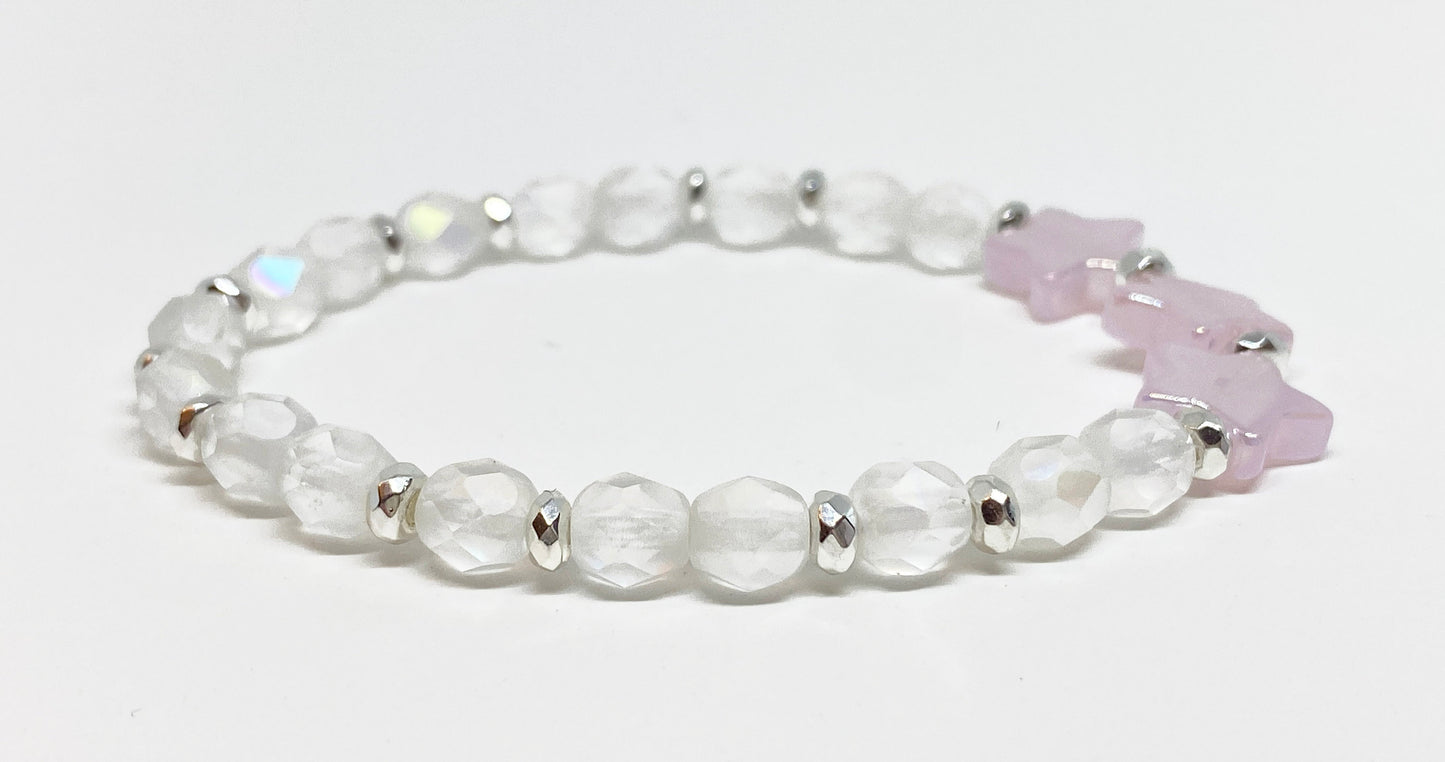 6mm Crystal Bead Bracelet in White Opal AB with Light Pink AB Star Beads