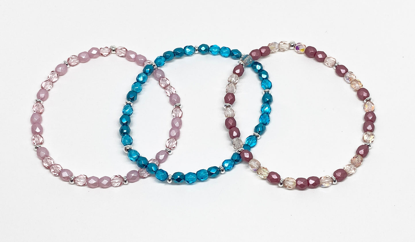 Czech Fire Polished Glass Bead Bracelet in Pink, Aqua, Purple, Blue, and Gray