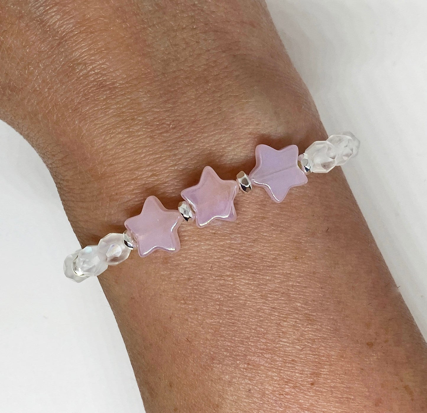 6mm Crystal Bead Bracelet in White Opal AB with Light Pink AB Star Beads