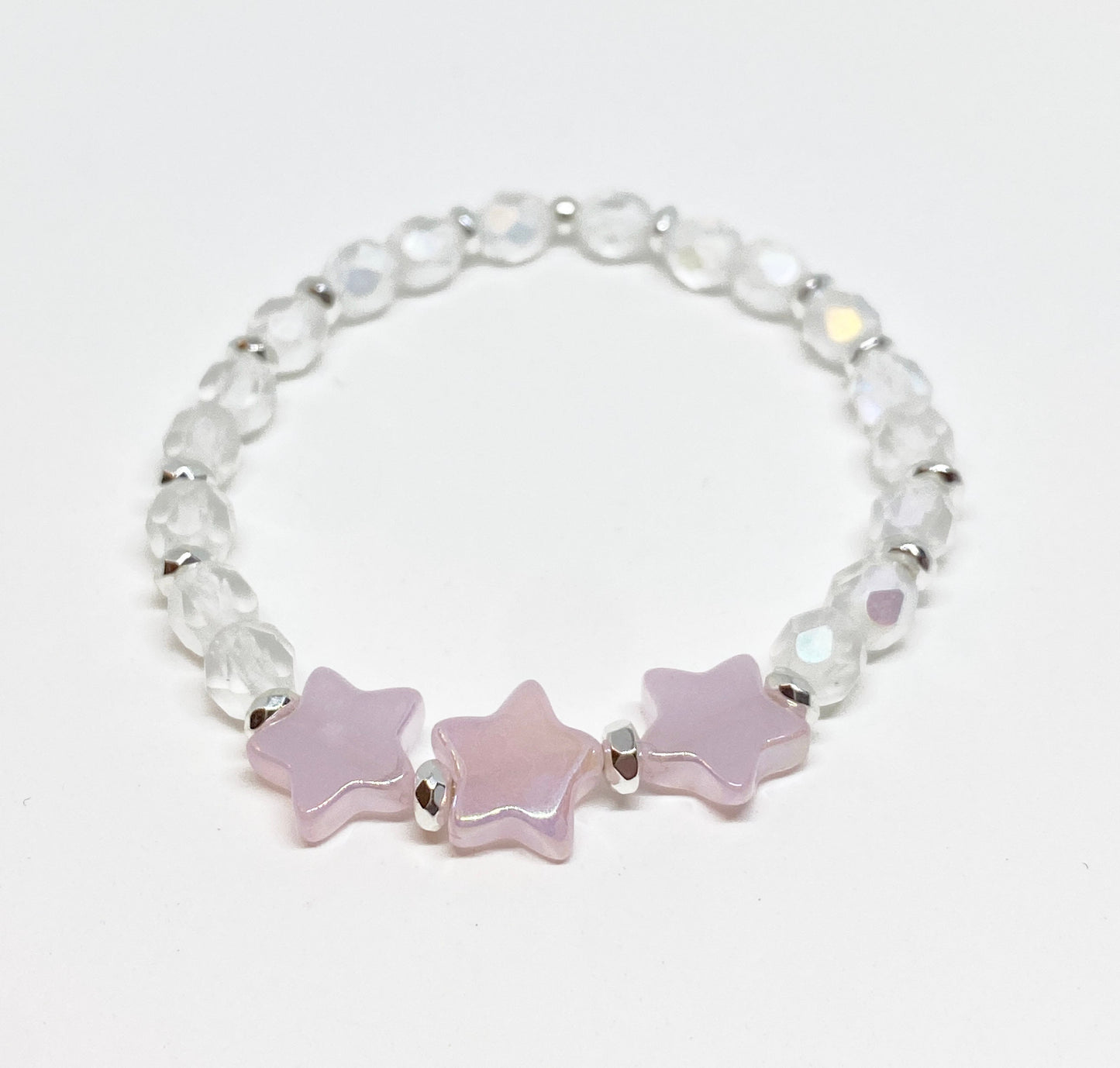 6mm Crystal Bead Bracelet in White Opal AB with Light Pink AB Star Beads
