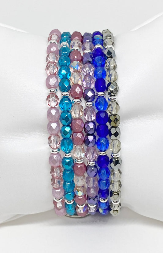 Czech Fire Polished Glass Bead Bracelet in Pink, Aqua, Purple, Blue, and Gray