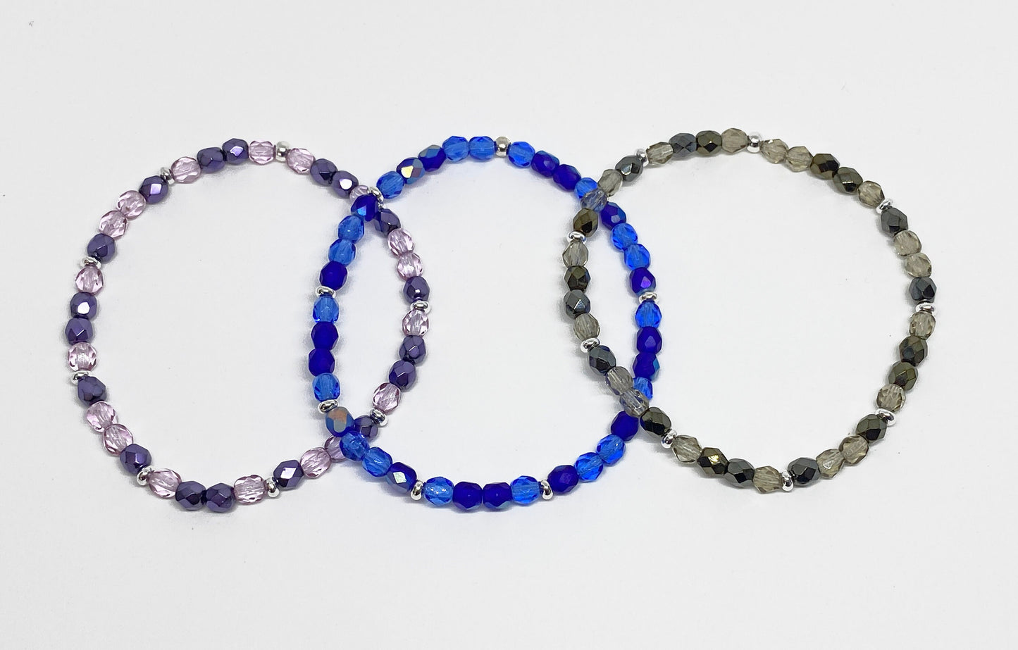 Czech Fire Polished Glass Bead Bracelet in Pink, Aqua, Purple, Blue, and Gray