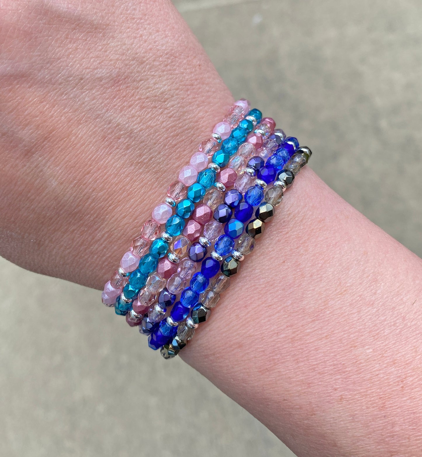 Czech Fire Polished Glass Bead Bracelet in Pink, Aqua, Purple, Blue, and Gray