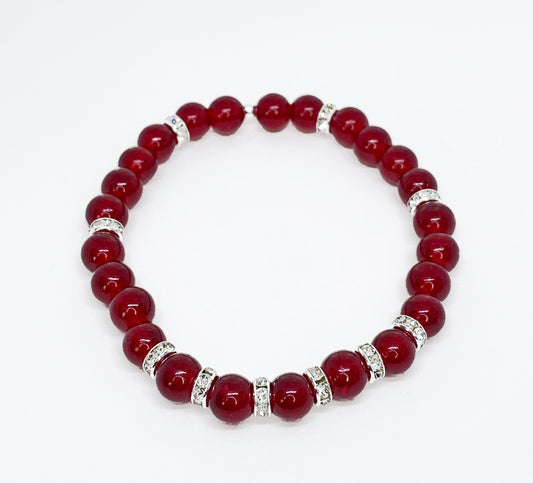 Red Glass Beaded Bracelet with Silver Crystal Rondelles