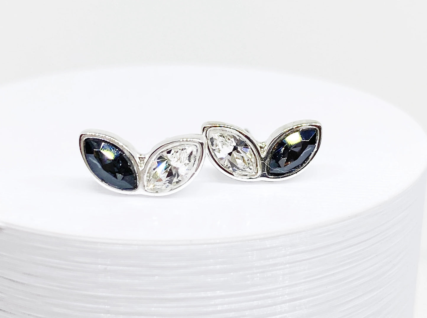Swarovski Crystal Leaf Stud Earrings in Sterling Silver, with Gray Swarovski Crystals