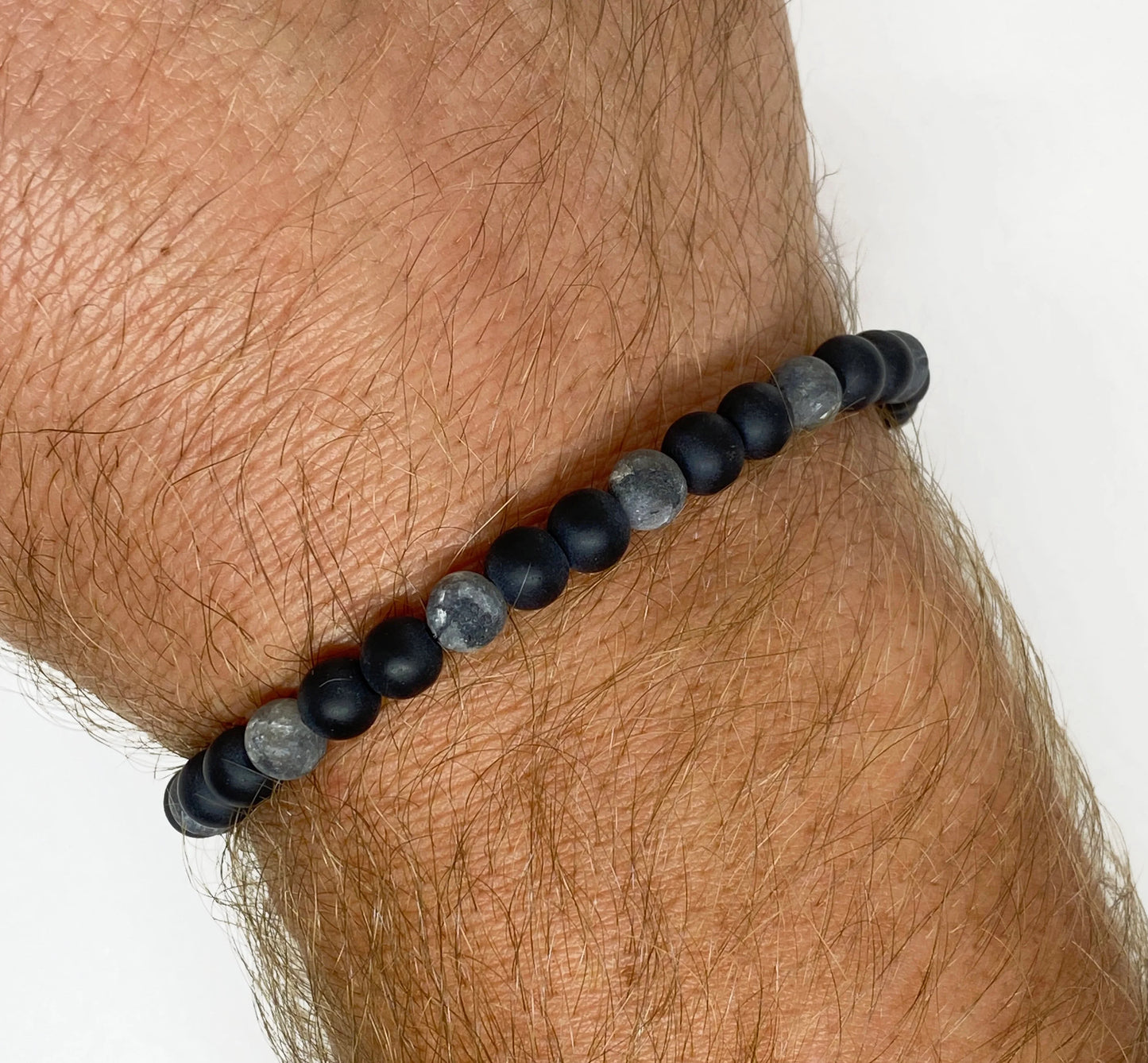 Mens Matte Black and Labradorite Beaded Bracelet