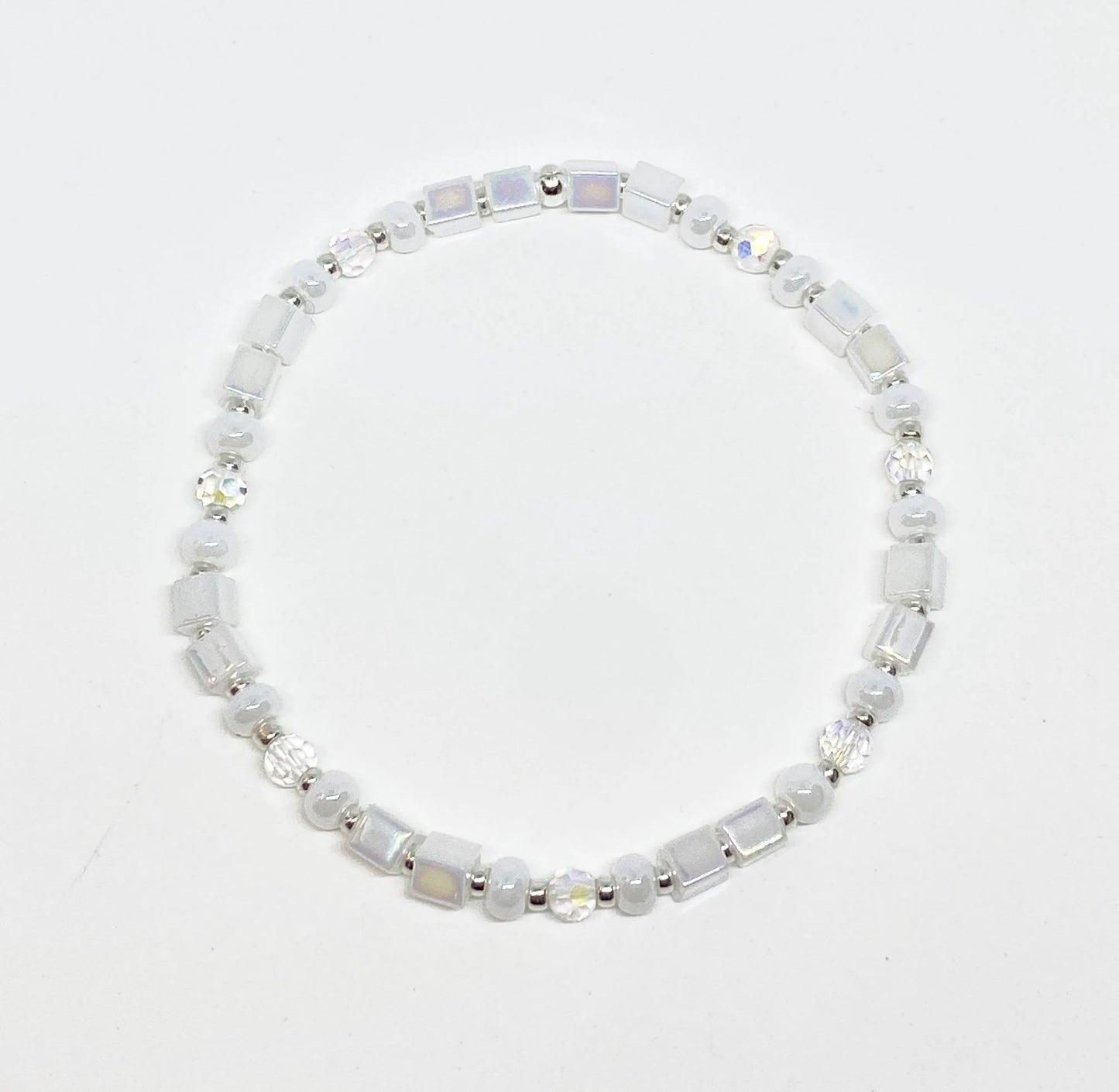 Square Glass and Crystal Beaded Bracelet in Aurora Borealis and White Luster