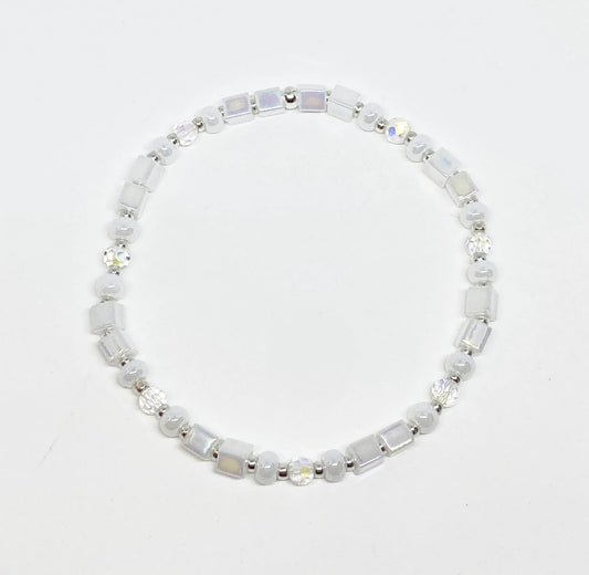 Square Glass and Crystal Beaded Bracelet in Aurora Borealis and White Luster