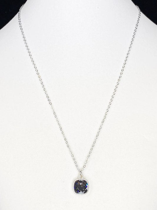 Swarovski Crystal Cushion Drop Pendant Necklace in Crystal Silver Night on Silver Chain
