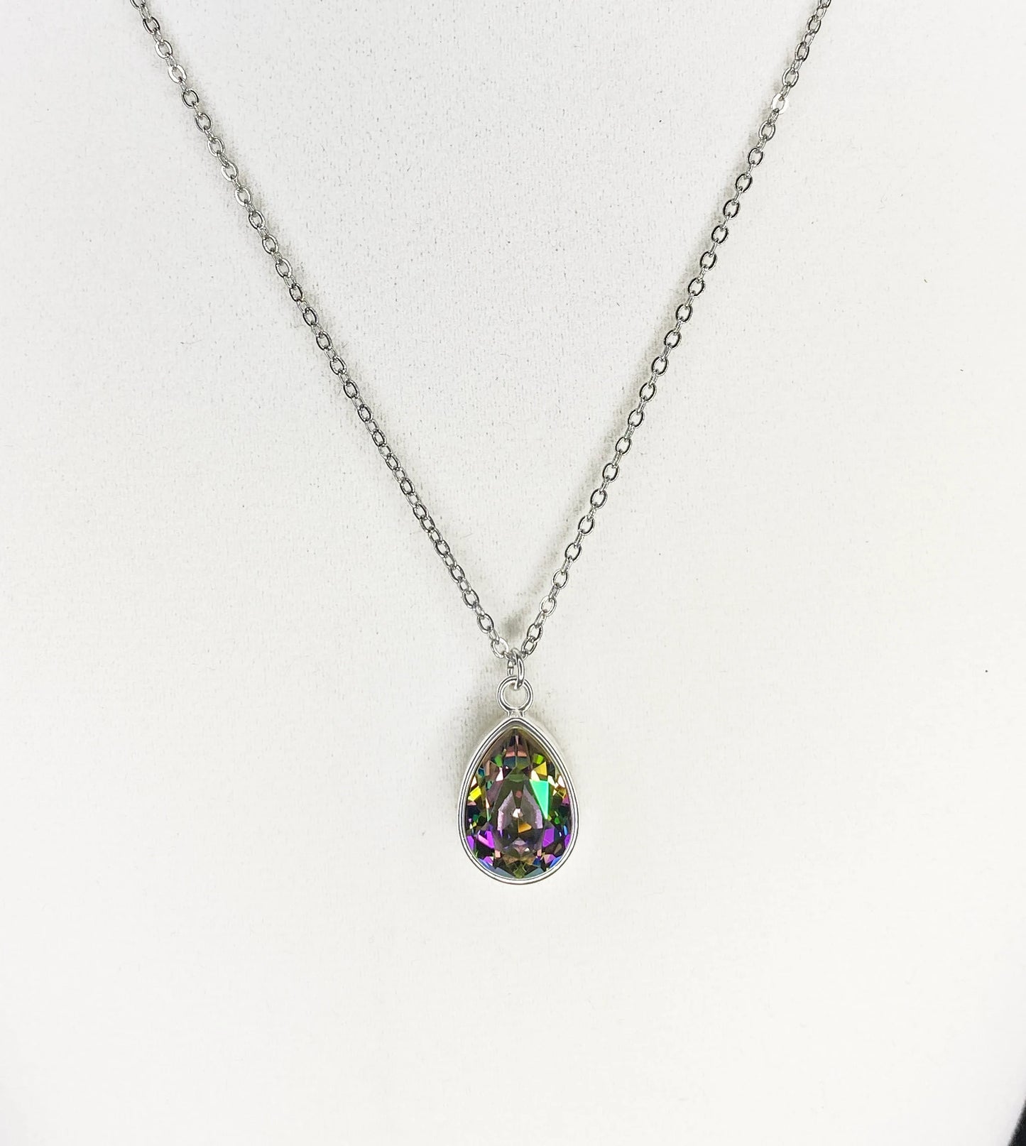 Swarovski Crystal Teardrop Pendant Necklace in Silver and Paradise Shine