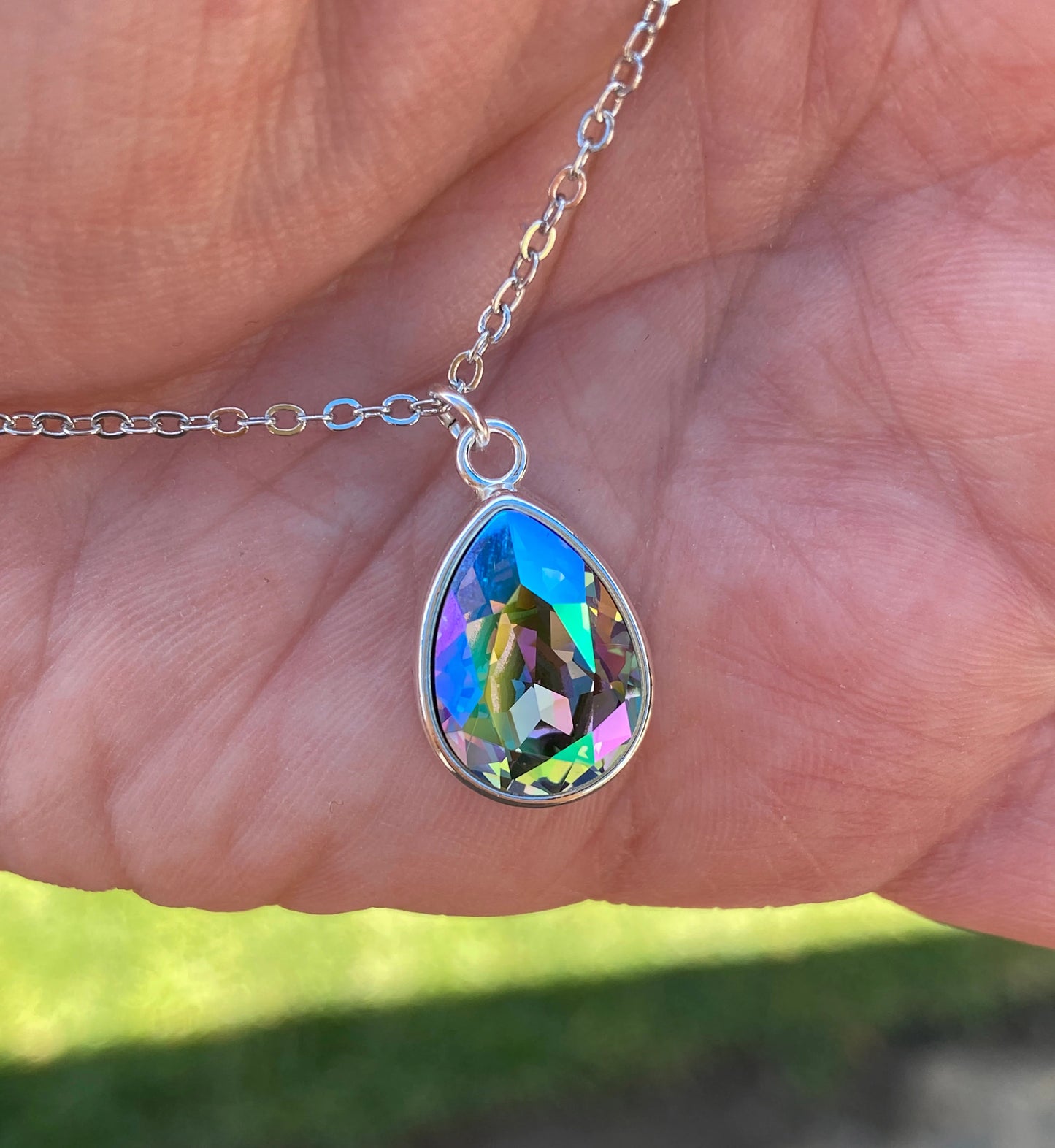 Swarovski Crystal Teardrop Pendant Necklace in Silver and Paradise Shine