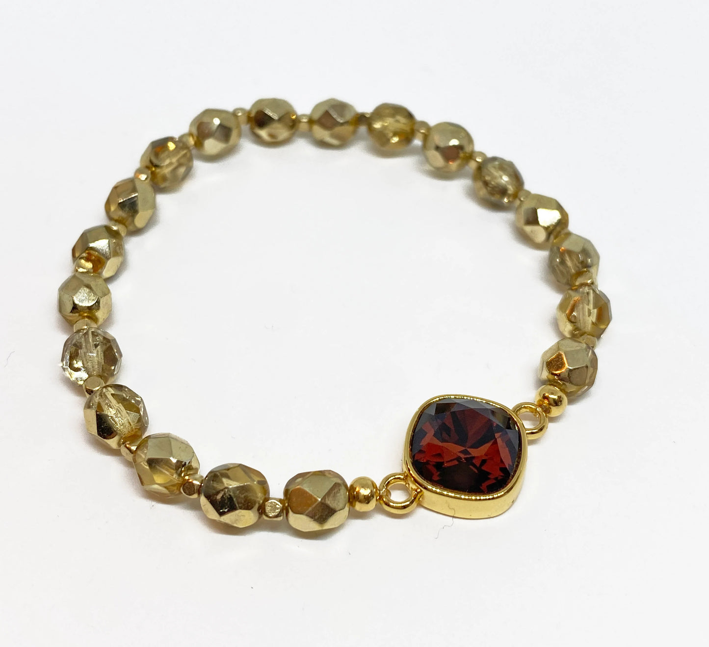Swarovski Crystal 10mm Cushion Crystal in Smoked Amber with Gold Faceted Beads